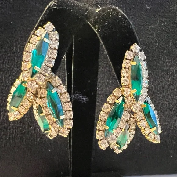 ***HOLD*** Elizabeth Cole Bacall Faux Emerald and Diamond Pierced Earrings - Picture 2 of 5